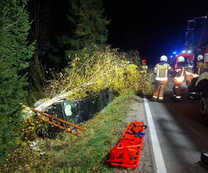 Auto wbiło się w przydrożne drzewo. Strażacy wycinali szybę piłą szablastą 