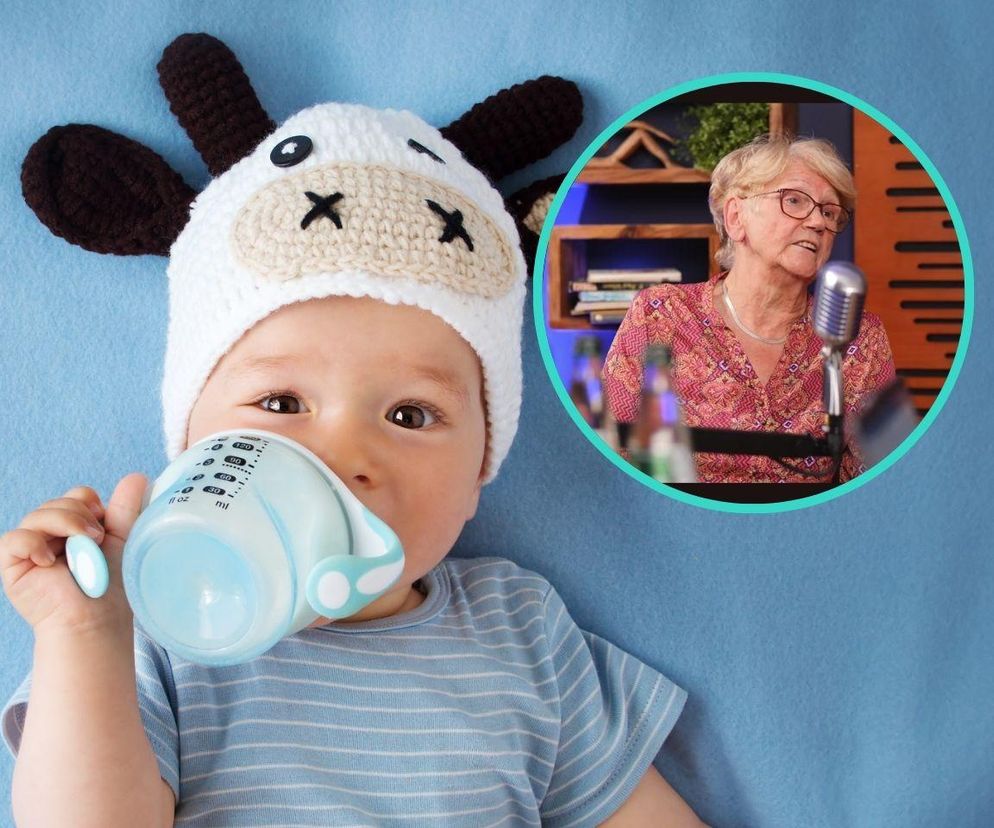 Niemowlę w czapce z motywem krówki pije mleko z butelki, obok okrągłe zdjęcie profesor Grażyny Cichosz, która mówi do mikrofonu. Dowiedz się więcej o kontrowersjach wokół mleka modyfikowanego Smilk na portalu Poradnik Zdrowie.
