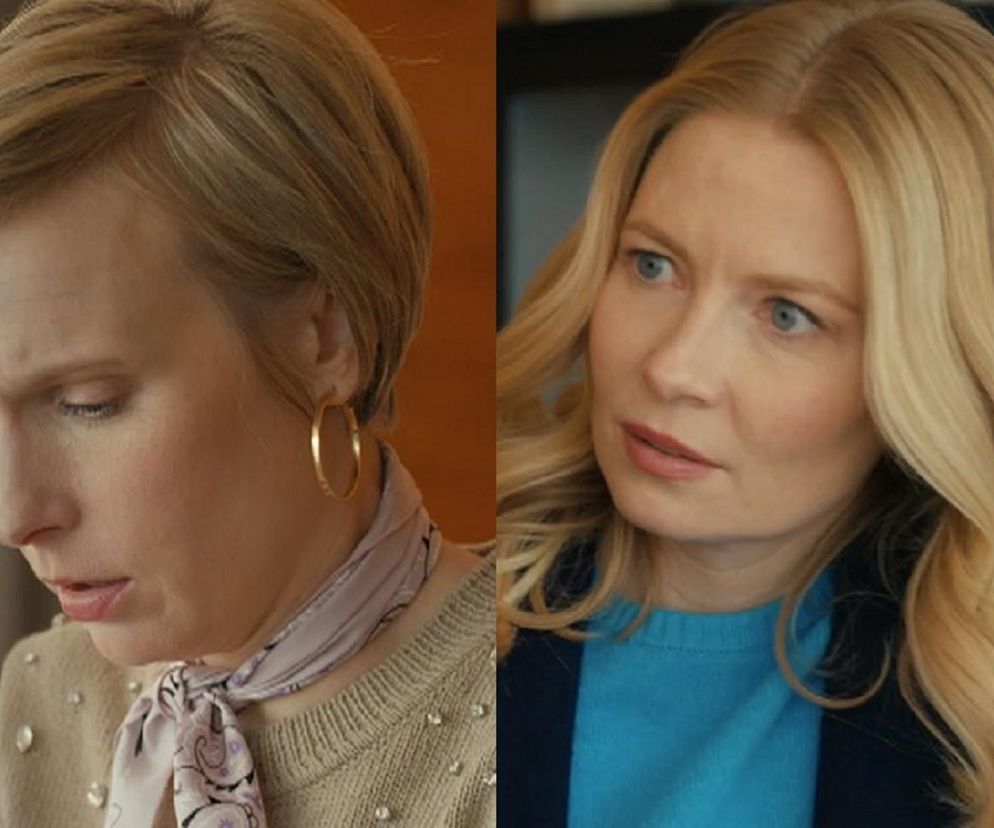 Dominika i Sonia z serialu Barwy szczęścia. Sonia w jasnym szaliku na szyi spogląda w dół, a Dominika w niebieskim swetrze i granatowej marynarce patrzy na prawo z zaniepokojeniem. Więcej o dramatycznych losach bohaterek przeczytasz na Super Seriale.