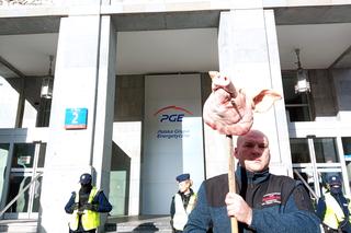  Protest górników pod siedzibą PGE w Warszawie. Przyszli ze świńskimi łbami
