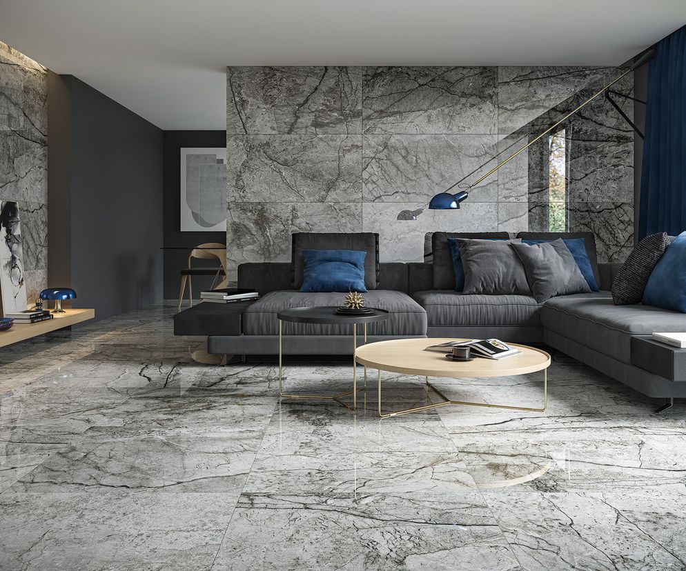 Gres polerowany Essential Grey z kolekcji Grand Concept marki Opoczno. 