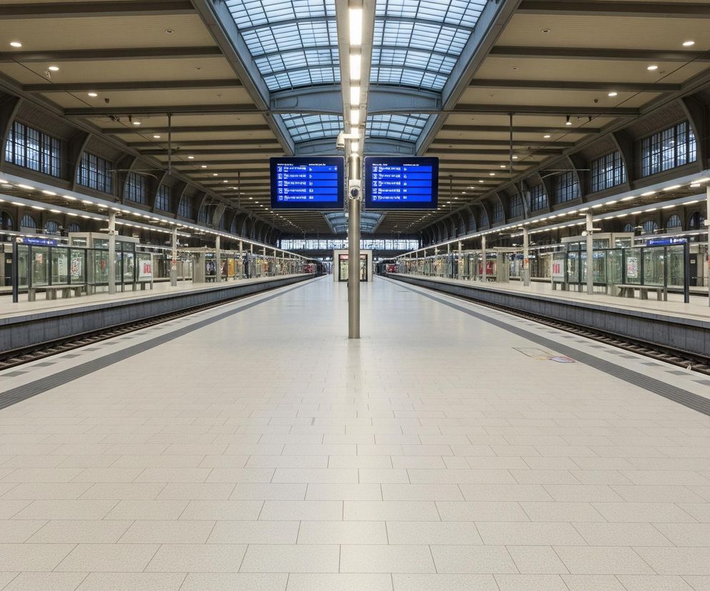 Puste perony dworca kolejowego rozciągają się symetrycznie w głąb obrazu, z torami biegnącymi po obu stronach centralnej, szerokiej przestrzeni wyłożonej jasnymi płytkami. Sufit szklany, wpuszczający naturalne światło, uzupełniają liczne rzędy równomiernie rozmieszczonych lamp. Po obu stronach, nad peronami, zawieszone są niebieskie ekrany informacyjne wyświetlające biały tekst, a na ścianach wzdłuż peronów widoczne są duże, prostokątne okna z ciemnymi ramami.