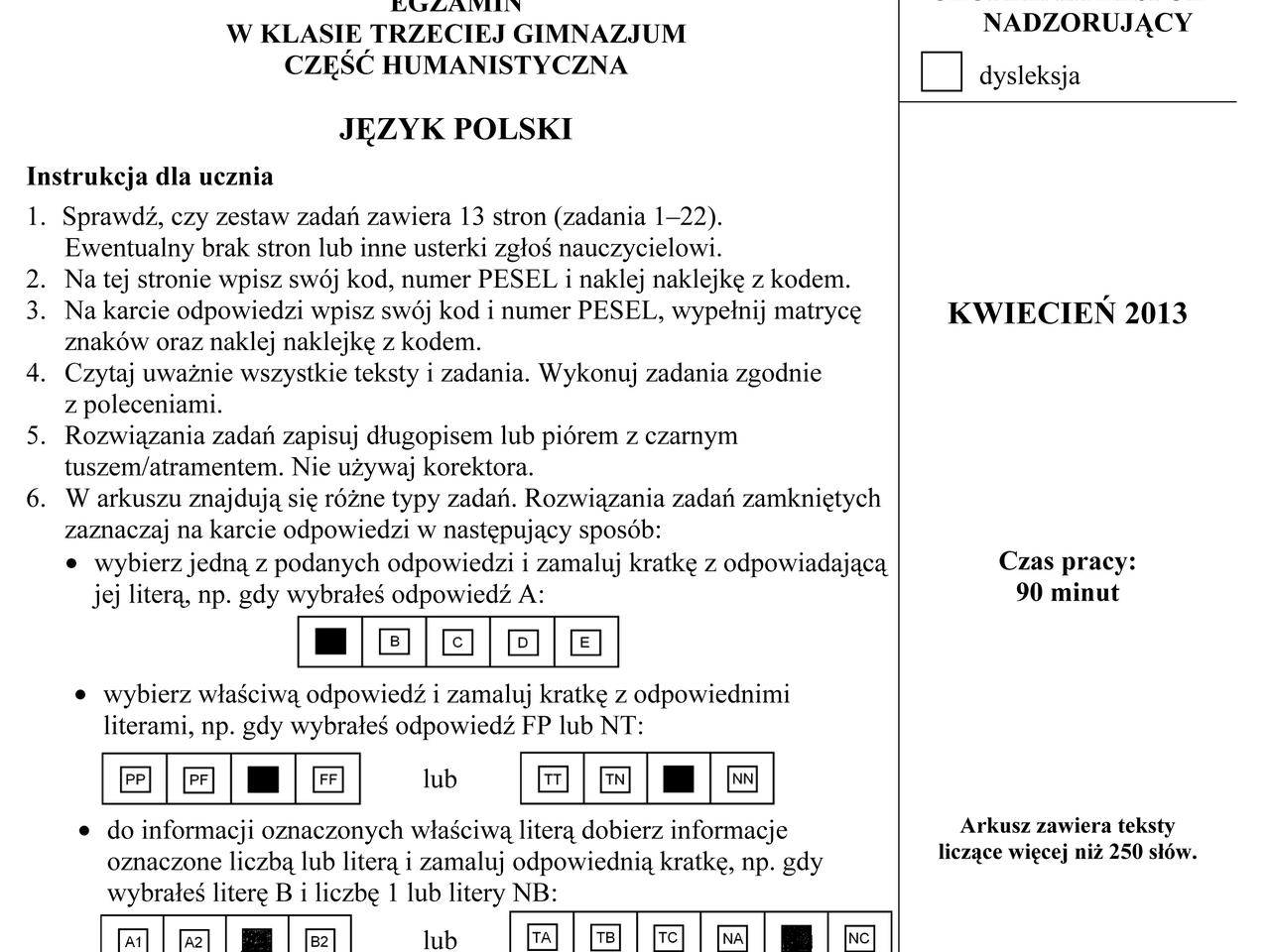 EGZAMIN GIMNAZJALNY 2013 JĘZYK POLSKI - ODPOWIEDZI, ARKUSZE z CKE