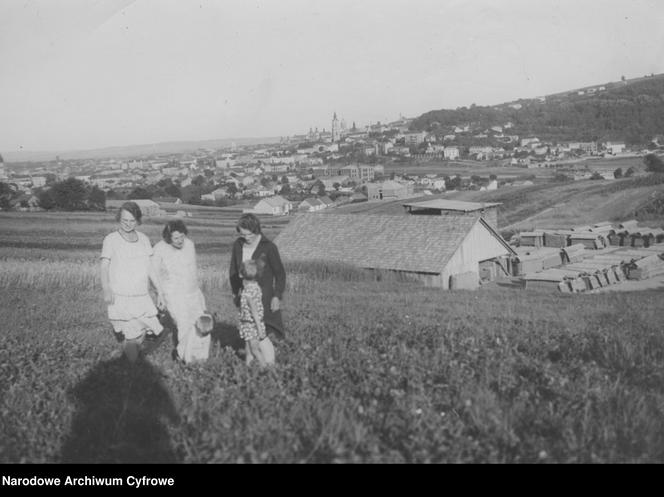 Przemyśl. Panorama miejscowości. Na pierwszym planie kobiety na łące. 1918 - 1939.