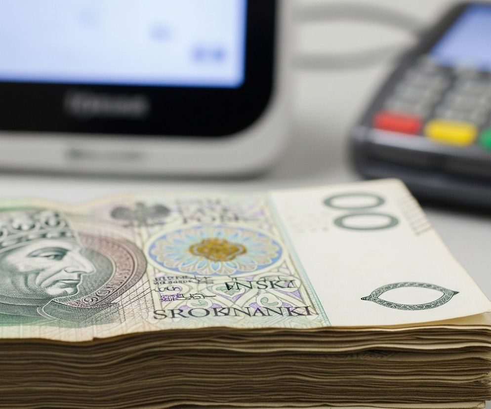 Na pierwszym planie leży stos polskich banknotów o nominale 100 złotych, ułożonych równo jeden na drugim. Na wierzchu banknotu widoczny jest wizerunek króla, numer seryjny 32322 oraz częściowo widoczny napis SROBNIKI. W tle, rozmyte i lekko poza ostrością, znajdują się dwa urządzenia: po lewej białe urządzenie z jasnym, świecącym ekranem, a po prawej ciemne urządzenie z klawiaturą zawierającą czerwony, żółty i zielony przycisk oraz niewielki, niebieski ekran.