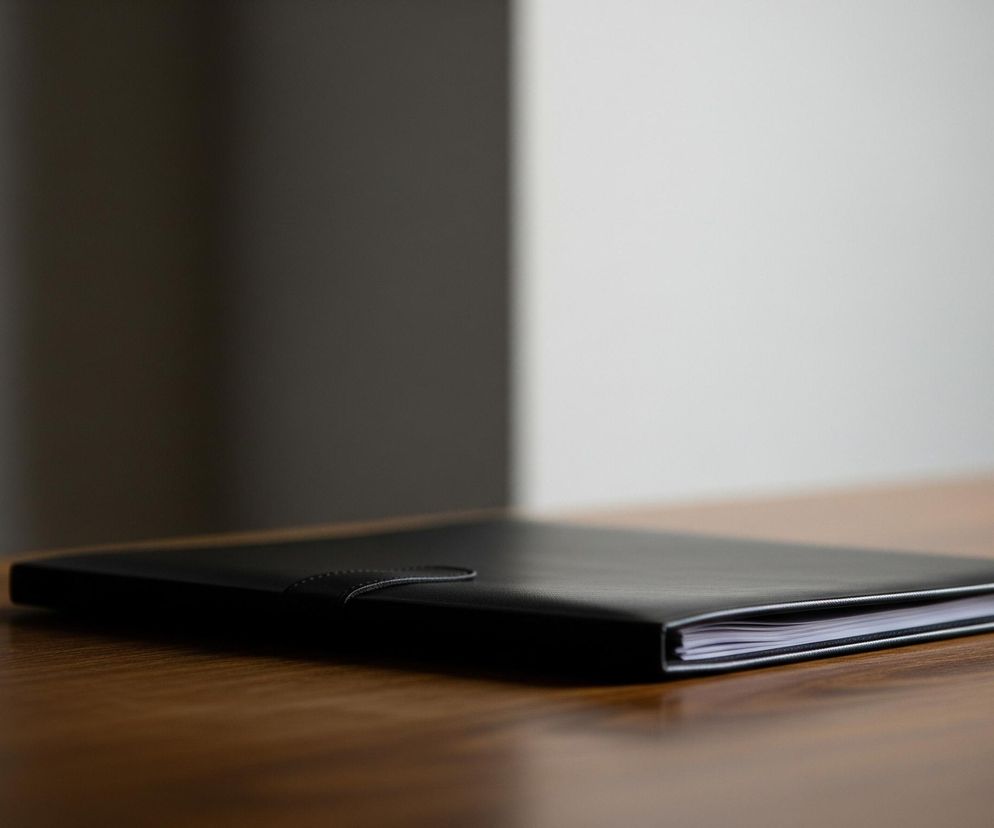 Na drewnianym stole leży zamknięty, czarny notatnik lub segregator z białymi kartkami widocznymi z boku. Notatnik ma wypukłe, ozdobne przeszycie na okładce, tworzące kształt pętli. Tło jest rozmyte, z lewej strony widoczny jest fragment ciemnego ubrania, a reszta to ściana w odcieniach szarości i bieli.