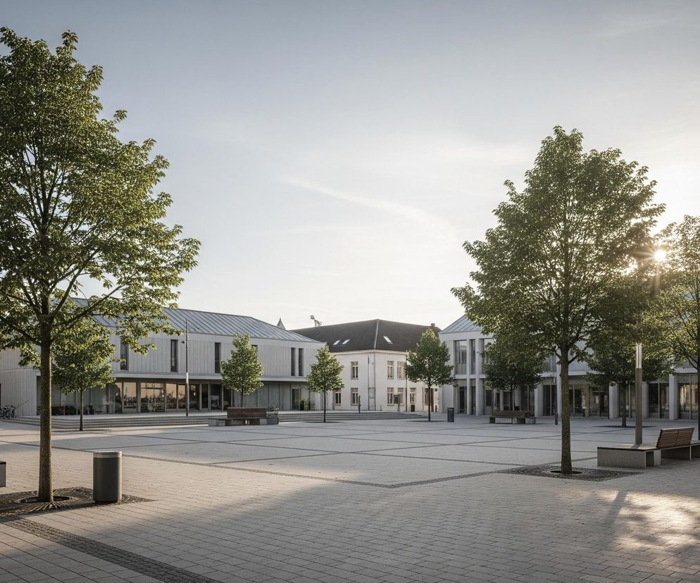 Centralną część zdjęcia zajmuje duży, pusty plac wybrukowany szarymi płytami, ułożonymi w prostokątne wzory. Po obu stronach placu rosną rzędy drzew o gęstych, zielonych liściach, z których pierwsze dwa, widoczne na pierwszym planie, są stosunkowo młode i smukłe. Między drzewami, wzdłuż krawędzi placu, ustawiono nowoczesne ławki z drewnianymi siedziskami i betonowymi podstawami, a także ciemnoszare kosze na śmieci. W tle, otaczając plac, widoczne są budynki o jasnych elewacjach; dominują białe i szare odcienie, z dużymi oknami odbijającymi światło. Słońce, nisko na niebie w prawym górnym rogu, rzuca długie cienie na plac i budynki, tworząc kontrast między oświetlonymi i zacienionymi obszarami. Niebo jest jasne, błękitne, z kilkoma cienkimi smugami chmur.