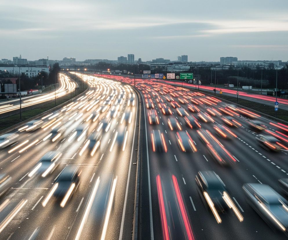 Długa ekspozycja uchwyciła ruch samochodów na wielopasmowej autostradzie podczas zmierzchu lub nocy. Jasne smugi światła przednich reflektorów samochodów płyną w lewo, a czerwone smugi tylnych świateł w prawo, tworząc dynamiczne linie świetlne na czarnej nawierzchni. Po obu stronach autostrady widoczne są fragmenty miasta z budynkami i drzewami pod zamglonym, szarym niebem.