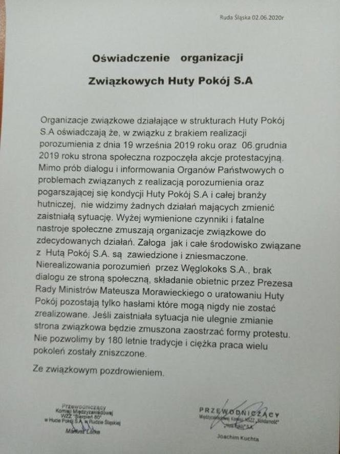 Ruda Śląska: Protest w Hucie Pokój! Pracownicy mają DOŚĆ, oflagowali zakład. "Agonia"