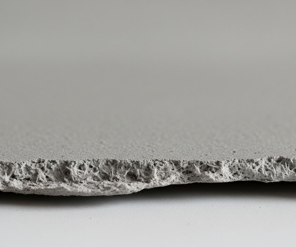 Makro zdjęcie przedstawia fragment szarego, porowatego materiału o nieregularnej, poszarpanej krawędzi. Górna powierzchnia materiału jest gładka i ma jednolity, szary kolor, natomiast bok ukazuje wewnętrzną, włóknistą strukturę z widocznymi szczelinami i wzniesieniami. Materiał spoczywa na białej, gładkiej powierzchni, która delikatnie odbija światło, tworząc kontrast z ciemniejszym cieniem pod spodem obiektu. Tło za materiałem jest rozmyte i jednolicie szare.