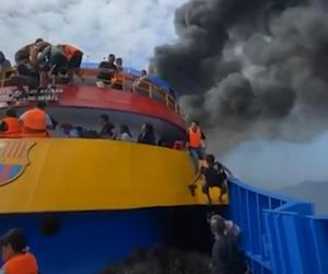 Pożar promu wycieczkowego. Ludzie skakali do wody, wszystko się nagrało! Pomocy, płoniemy na morzu
