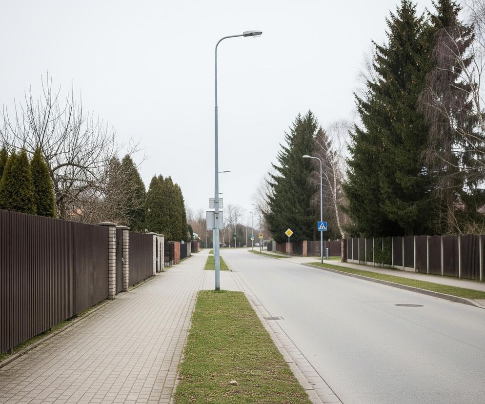 Pusta ulica osiedlowa, widoczna w perspektywie, rozciąga się w głąb obrazu. Po lewej stronie ciągnie się chodnik z szarej kostki brukowej, oddzielony od jezdni pasem zieleni, a za nim stoi długie, ciemnobrązowe ogrodzenie z pionowych paneli, przerywane murowanymi słupkami i bramami. Po prawej stronie drogi również znajduje się chodnik i pas zieleni, a za nimi widać fragmenty kolejnego ogrodzenia i drzewa. Nad całością rozciąga się jednolite, jasnoszare niebo.