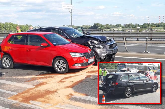 Karambol na moście Łazienkowskim. Trzy rozbite auta, jedna osoba ranna