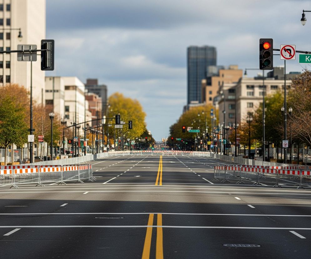 Szeroka, pusta ulica rozciąga się w głąb obrazu, prowadząc w stronę horyzontu. Po obu stronach drogi stoją rzędy białych, metalowych barierek z pomarańczowo-białymi pasami, wygradzających chodniki i pobocze. Na pierwszym planie widoczne są podwójne żółte linie oddzielające pasy ruchu oraz białe linie i strzałka na asfalcie wskazująca kierunek jazdy. Po prawej stronie wisi znak drogowy z napisem KenaLNint oraz czerwone światło sygnalizatora. W tle widać wielopiętrowe budynki o jasnych elewacjach, a także drzewa z jesiennymi, częściowo opadłymi liśćmi, tworzące aleję wzdłuż ulicy.