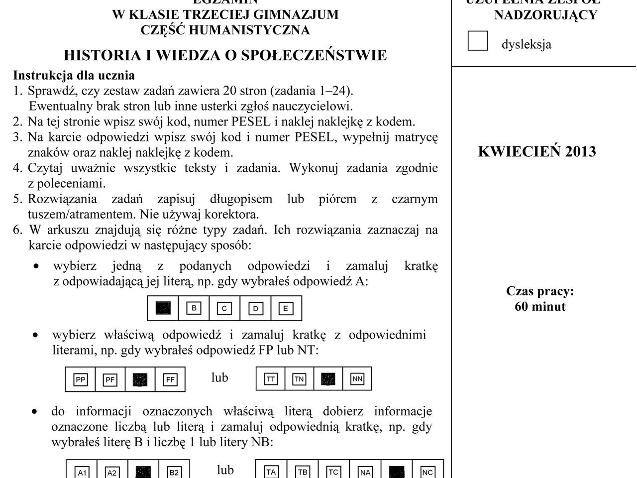 EGZAMIN GIMNAZJALNY 2013 HISTORIA, WOS - ARKUSZE, ODPOWIEDZI