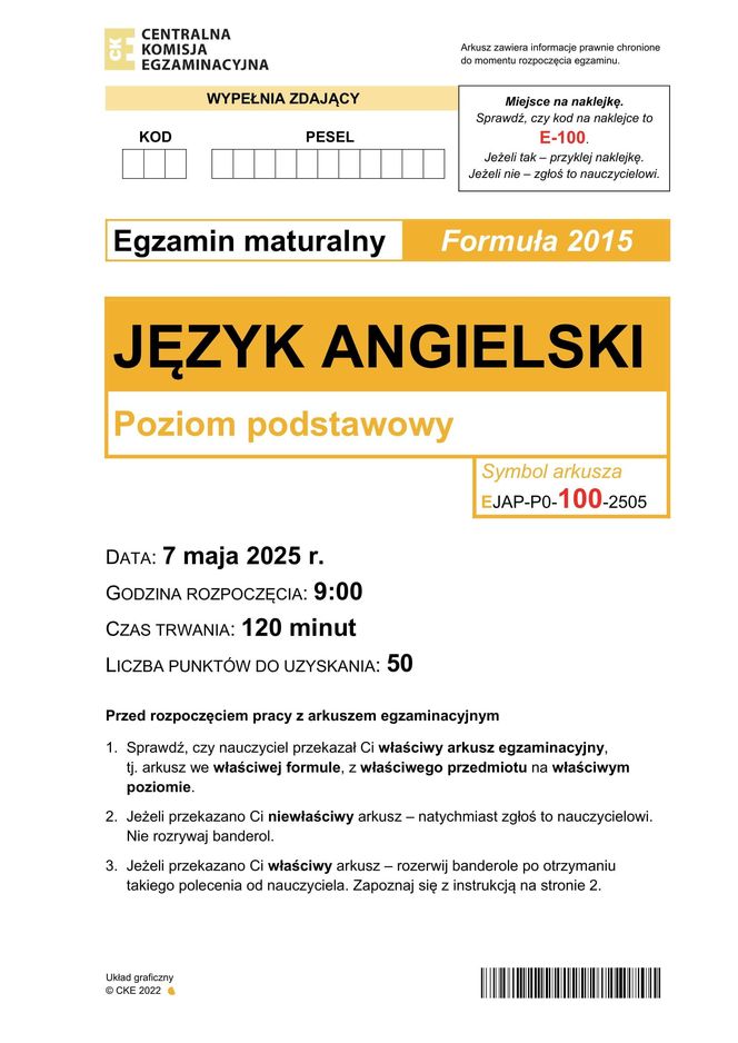 Matura 2025: angielski 7.05.2025. Arkusze CKE, poziom podstawowy [Formuła 2015]
