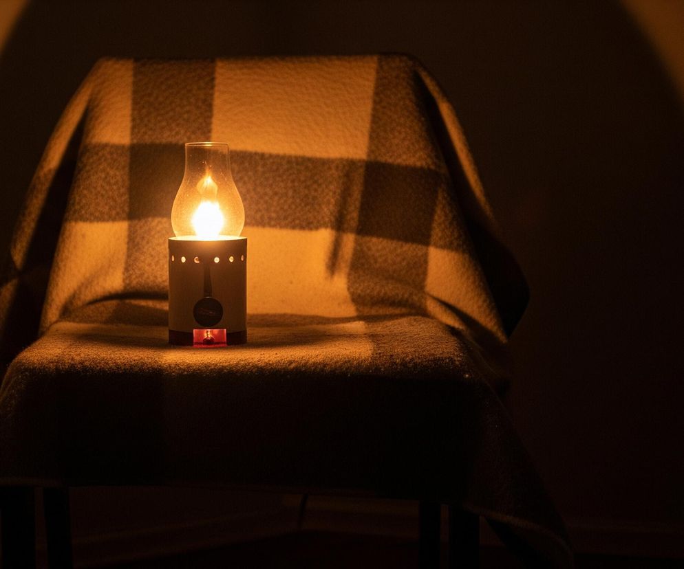 Lampa o ciepłym, pomarańczowym blasku stoi na krześle przykrytym kocem w kratę. Blask lampy oświetla fragment koca i ściany, tworząc miękkie cienie. Reszta pomieszczenia pozostaje w ciemności, z ledwo widocznymi zarysami mebli po prawej stronie.