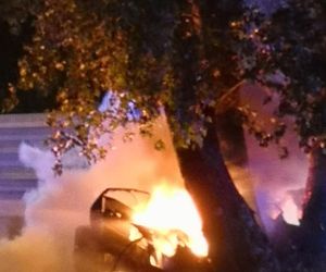 Potworny wypadek w Płocku. Wypadli z drogi, uderzyli w drzewo. Dwoje ludzi spłonęło w samochodzie	
