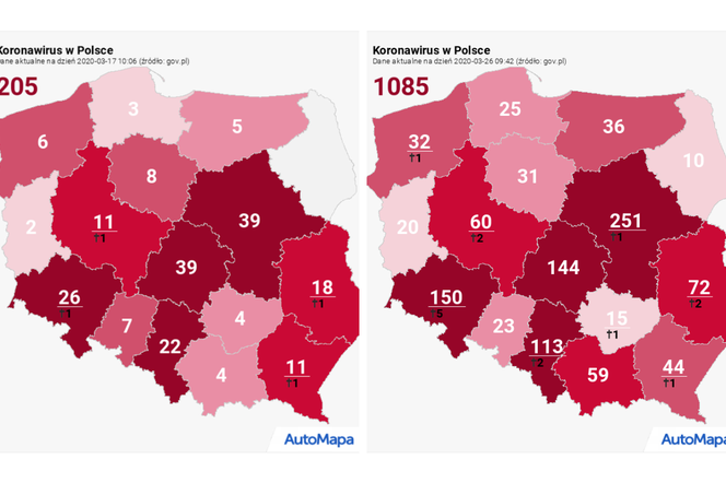 Z lewej zakażenia w Polsce 17 marca. Na mapce z prawej wykryty zakażenia koronawirusem na dzień 26 marca