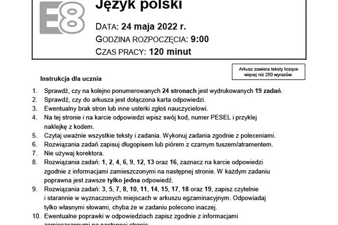 Egzamin ośmoklasisty 2022 - język polski. Arkusz, zadania