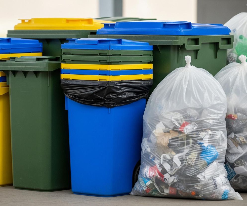 Rzędy pojemników na segregację śmieci w kolorach niebieskim, zielonym i żółtym oraz worki pełne odpadów, symbolizujące rosnące koszty wywozu śmieci w Polsce od 2026 roku. Dowiedz się o podwyżkach opłat za odpady na Super Biznes.