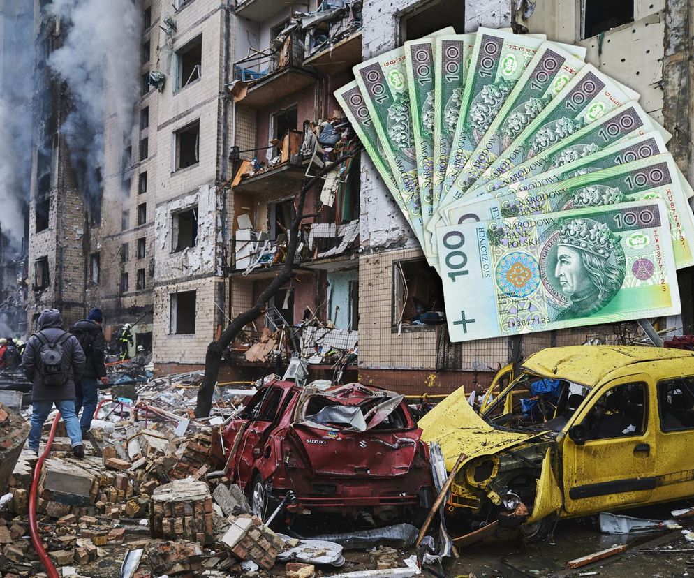Zrujnowane bloki mieszkalne i zniszczone samochody po ataku, a na pierwszym planie sterta banknotów 100 zł, symbolizująca konieczność zabezpieczenia finansowego. O tym, jak przygotować majątek na czas wojny, przeczytasz na Super Biznes.