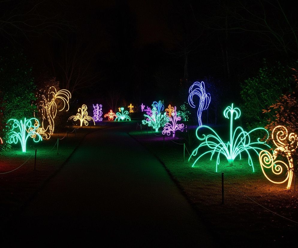 Kręta ścieżka prowadzi przez park w nocy, oświetlona po obu stronach przez różnokolorowe, świecące instalacje świetlne przypominające rośliny lub abstrakcyjne formy. Od lewej strony widoczne są świecące na czerwono i zielono kształty, a dalej wzdłuż ścieżki rozmieszczone są kolejne obiekty w odcieniach fioletu, pomarańczu, turkusu i błękitu, tworząc świetlny szpaler. Tło jest niemal całkowicie czarne, z ledwo widocznymi zarysami drzew i krzewów, co potęguje kontrast z intensywnie świecącymi dekoracjami.
