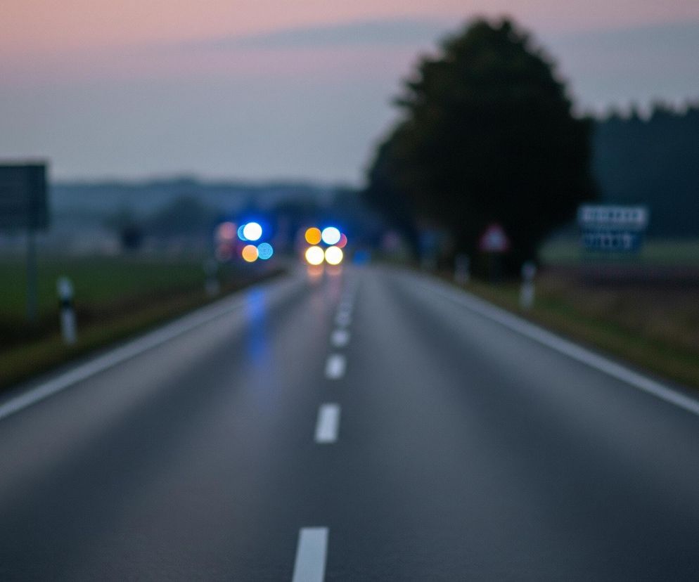 Asfaltowa droga biegnie prosto w głąb kadru, otoczona po obu stronach zielonymi polami i lasem na horyzoncie. Na drodze, w oddali, widoczne są rozmyte światła pojazdów: po lewej stronie jasne, niebieskie światła, a po prawej żółte, tworzące efekt bokeh. Niebo ma odcienie różu i szarości, sugerując zmierzch. Wzdłuż drogi widać białe linie wyznaczające pasy i krawędzie jezdni, a także słupki i niewyraźne znaki drogowe.