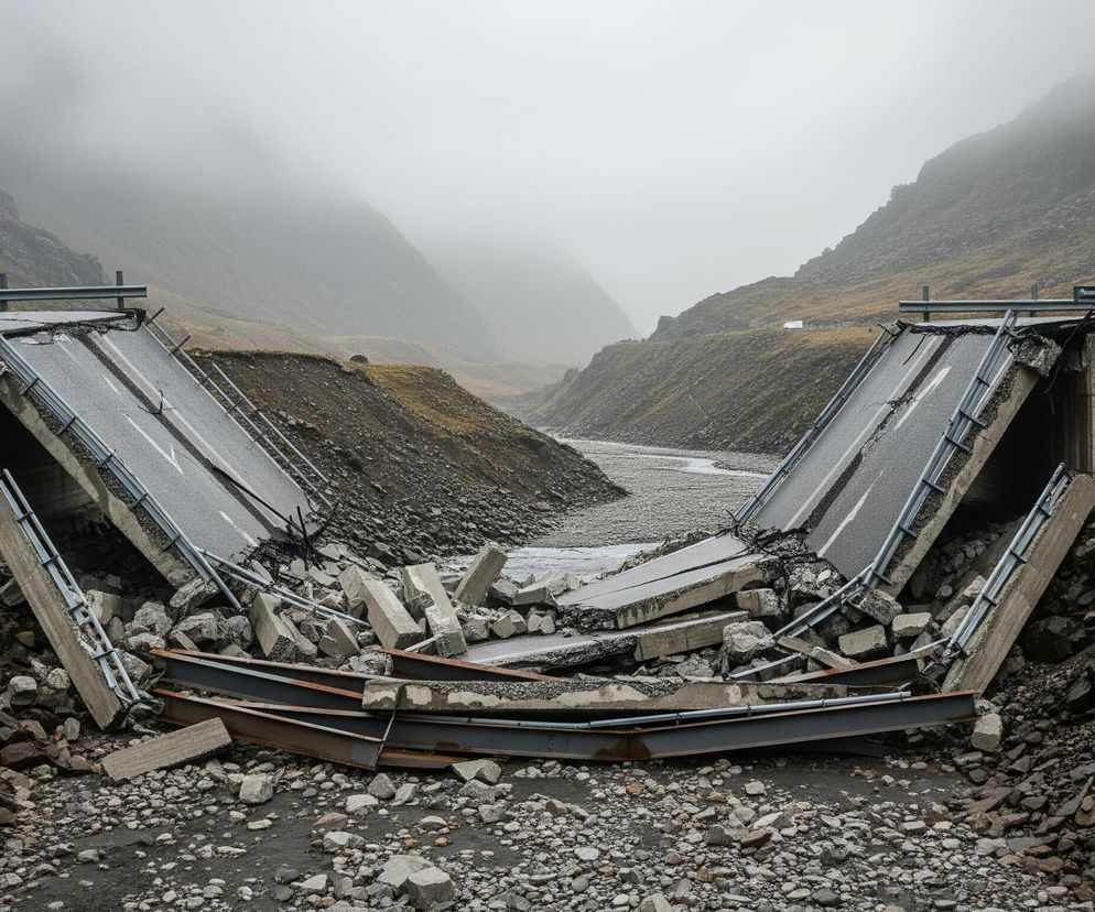 Zniszczony odcinek asfaltowej drogi z betonowym wsparciem opada w dół, tworząc wyrwę, przez którą płynie rzeka w skalistej dolinie. Połamane płyty asfaltu i betonu, wraz ze zgiętymi metalowymi barierkami, leżą chaotycznie w nurcie rzeki oraz na brzegach. Okoliczne zbocza doliny pokryte są kamieniami, ciemną ziemią i gdzieniegdzie kępami żółto-zielonej trawy, a w oddali góry toną w gęstej, szarej mgle.