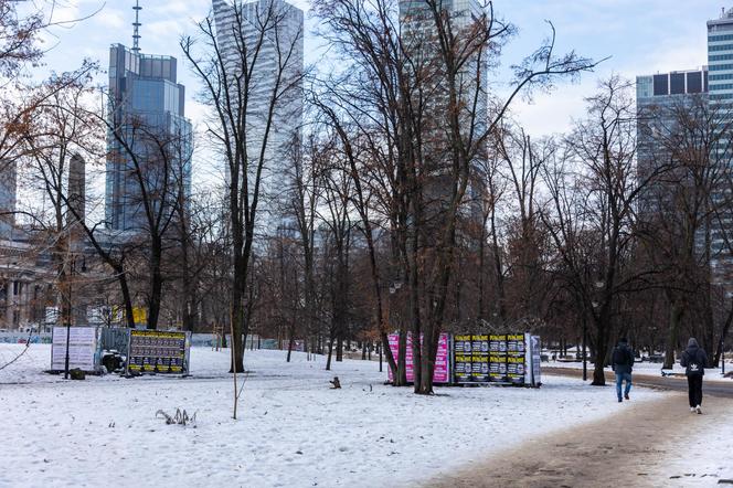 Śmieci i reklamy na skraju parku Świętokrzyskiego