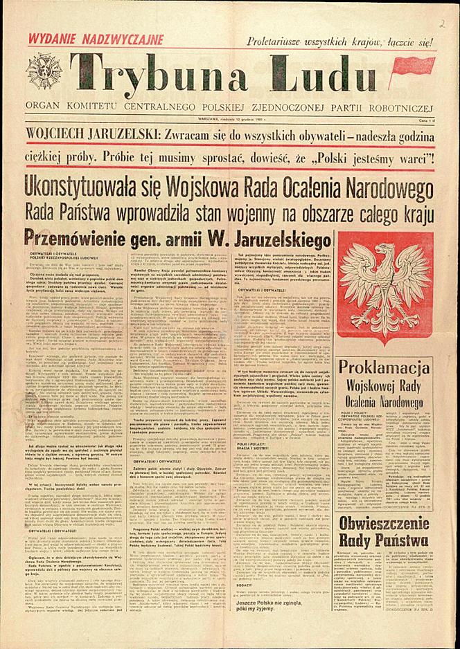 Strona tytułowa dziennika Trybuna Ludu z ogłoszeniem stanu wojennego, wydanie nadzwyczajne 13.12.1981 r. 