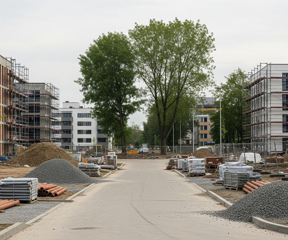 Szeroka droga asfaltowa biegnie przez środek budowy, otoczona po obu stronach placami z luźną ziemią i materiałami budowlanymi. Na pierwszym planie widać hałdy żwiru, ułożone rury kanalizacyjne w kolorze terakoty oraz zapakowane palety z elementami budowlanymi. W tle po obu stronach drogi wznoszą się częściowo ukończone budynki mieszkalne z białymi i ceglanymi elewacjami, niektóre pokryte rusztowaniami. Nad wszystkim dominuje jasne, zachmurzone niebo oraz dwa duże, zielone drzewa stojące w centrum dalszego planu.