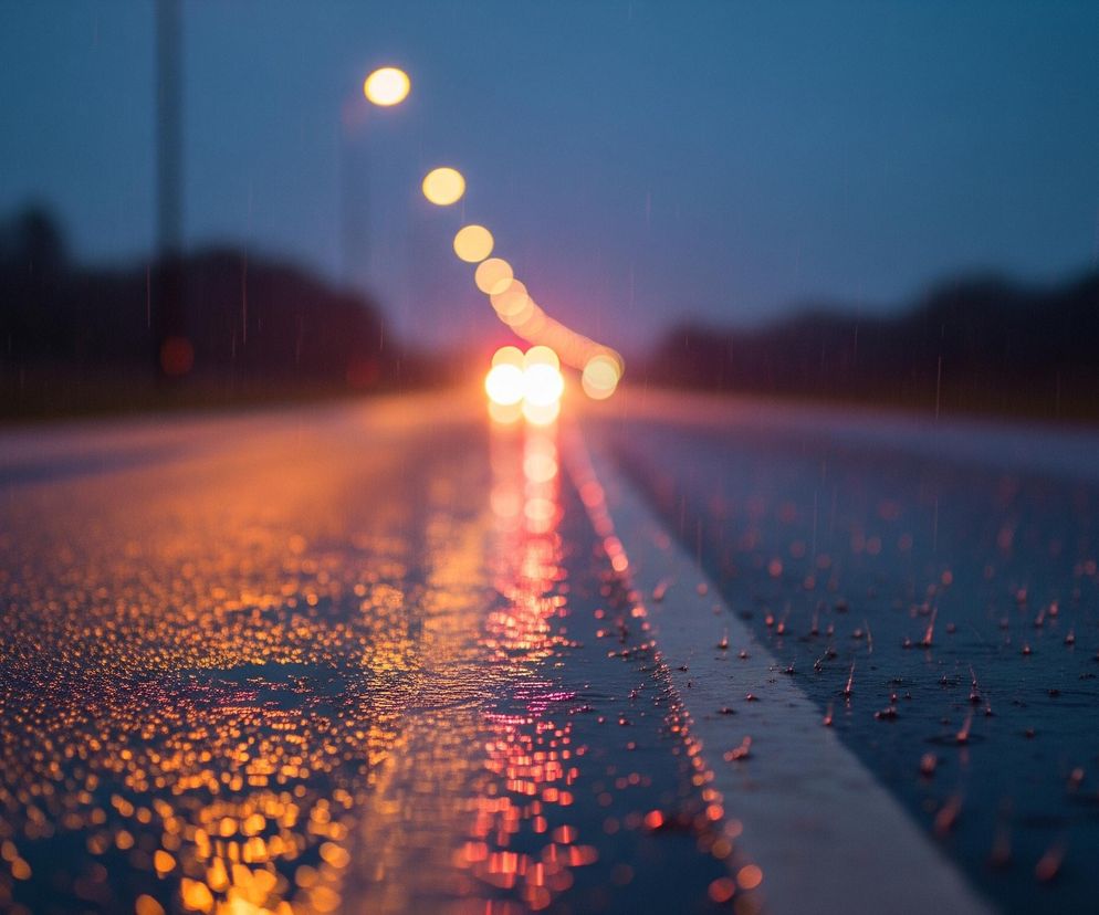 Mokry asfaltowy pas drogi z wyraźną białą linią rozdzielającą dominuje na pierwszym planie, pokryty licznymi kroplami deszczu, które odbijają rozmyte pomarańczowe i czerwone światła uliczne. W oddali, wzdłuż drogi, widoczny jest rząd świecących, rozmazanych świateł, prowadzących wzrok w głąb ciemnego, niebiesko-granatowego horyzontu. Po obu stronach drogi rozciąga się niewyraźna, ciemna linia drzew lub krzewów, a nad nimi widoczne jest zachmurzone, ciemne niebo.