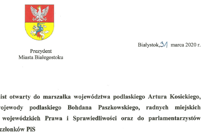 List Prezydenta Tadeusza Truskolaskiego
