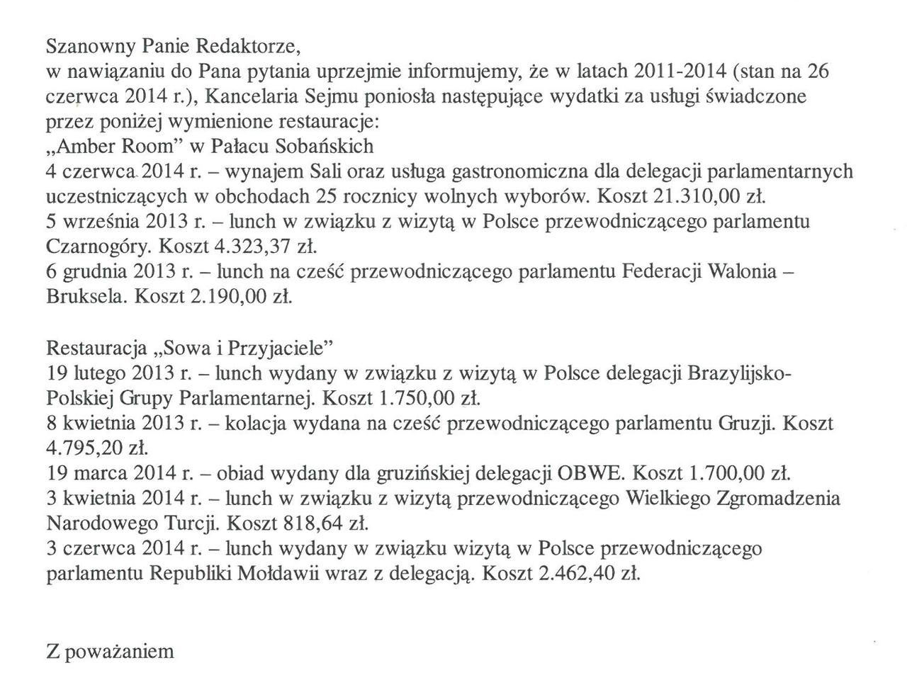 Kancelaria Sejmu pismo