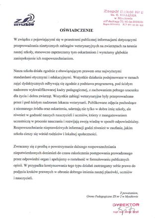 Oświadczenie Zespołu Szkół nr 2 w Myszkowie im. H. Kołłątaja