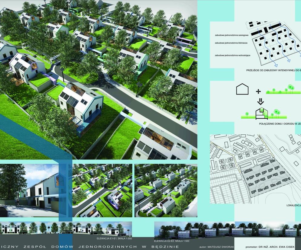 Ekologiczny zespół domów jednorodzinnych w Będzinie. Autor: Mateusz Dworak. Plansza konkursowa 1