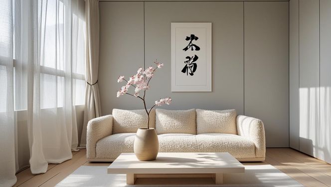 Wnętrze w stylu japandi wygenerowane przez AI w Canvie