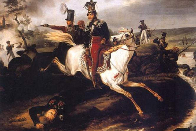 „Śmierć księcia Józefa Poniatowskiego” - autorstwo obrazu przypisywane Januaremu Suchodolskiemu. 