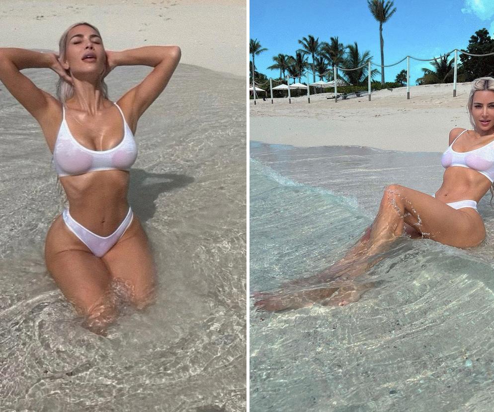 Kim Kardashian uciekła przed zimą w tropiki! Opina ją mokre bikini