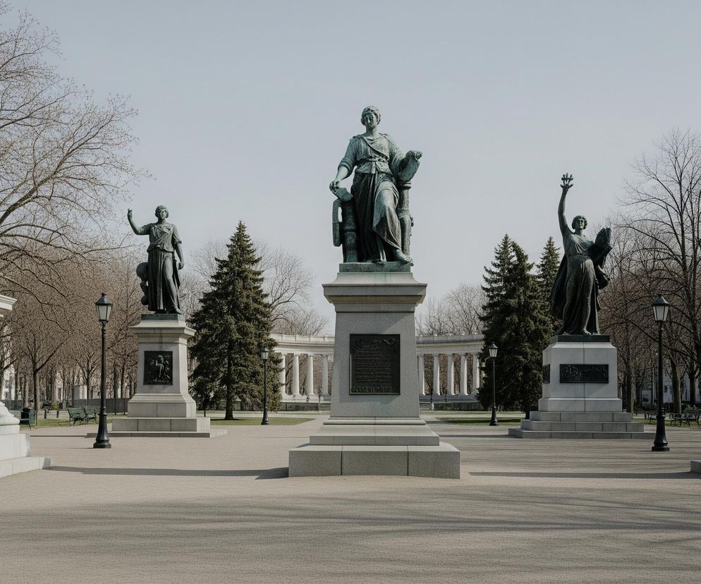 Na pierwszym planie, centralnie, stoi duża, zielonkawa, rzeźbiona figura kobiety w długiej szacie, trzymająca księgę i rolkę. Postać ta spoczywa na masywnym, szarym cokole z inskrypcjami i płaskorzeźbami. Po lewej stronie widać podobną, również zielonkawą statuę kobiety, trzymającej otwartą księgę i jakiś zwój, stojącą na identycznym cokole. Po prawej stronie znajdują się dwie kolejne rzeźby kobiet na cokołach: jedna w nieco mniejszej skali, z uniesioną lewą ręką, a druga w tle, z prawą ręką uniesioną ku górze, trzymającą jakiś obiekt przypominający płomień lub kwiatostan. Wszystkie posągi otoczone są jasnym, równym brukowanym placem, na którym widoczne są cienie. W tle rozciąga się park z licznymi drzewami o nagich gałęziach i kilkoma zielonymi, iglastymi drzewami, a także fragmenty białych budynków z kolumnadą.