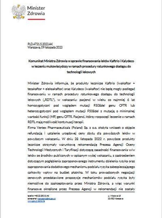 Komunikat MZ w sprawie preparatów kaftrio i kalydeco z 10 listopada 23