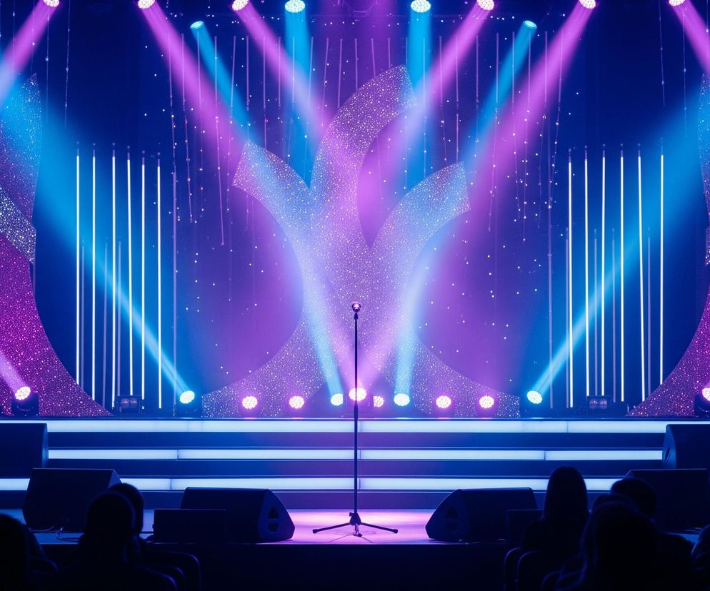 Centralnie na scenie stoi czarny mikrofon na statywie, oświetlony fioletowo-niebieskim światłem. Tło sceny wypełniają duże, lśniące kształty w odcieniach fioletu i błękitu, pokryte drobnymi, białymi kropkami przypominającymi gwiazdy. Z góry świecą liczne reflektory rzucające stożki niebieskiego i fioletowego światła, a po bokach pionowe rzędy jasnych, białych linii świetlnych. Na pierwszym planie, w dolnej części kadru, widać zarysy głów publiczności, zwróconych w stronę sceny, oraz ciemne kolumny głośnikowe.