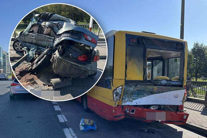 Kierowca hondy wbił się w autobus miejski. Potworny wypadek w Warszawie