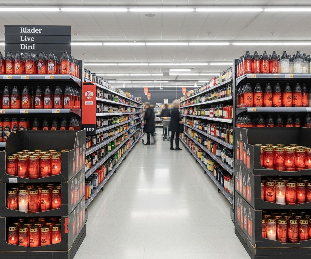 Wydłużone przejście w supermarkecie z wysokimi regałami po obu stronach, oświetlone jasnym, białym światłem z długich lamp sufitowych. Regały po lewej i prawej stronie są wypełnione zniczami i lampionami w różnych kształtach i kolorach, dominują odcienie czerwieni, bieli i czerni, niektóre z nich są podświetlone, co sugeruje palące się świece wewnątrz. Dwie niewyraźne sylwetki ludzi w ciemnych ubraniach widoczne są w oddali, poruszających się wzdłuż przejścia. Na dolnych półkach po prawej stronie stoją kartonowe stojaki z zniczami w szklanych obudowach ze złotymi wieczkami, niektóre ze świec w środku emitują ciepłe, pomarańczowe światło.