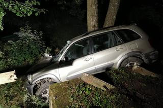 Poważny wypadek w Borkach. Samochód uderzył w barierę mostu i spadł do rowu [ZDJĘCIA]