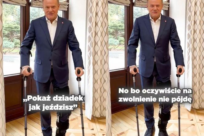 Premier Tusk miał wypadek na nartach. Teraz o kulach kieruje ważny apel do Polaków