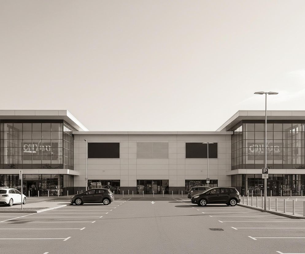 Przed budynkiem z szerokim wejściem i dużymi szklanymi witrynami, stanowiącym część centrum handlowego lub dużego sklepu, rozciąga się przestronny, pusty parking. Białe linie wyznaczają miejsca parkingowe i kierunki ruchu, a słupy oświetleniowe i oznakowanie parkingowe są rozmieszczone wzdłuż krawędzi. Cztery samochody – dwa ciemne, jeden srebrny i jeden biały – są zaparkowane w różnych miejscach parkingu i na podjeździe, częściowo zasłonięte.