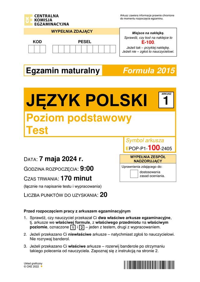 Matura 2024: polski. Arkusze CKE i odpowiedzi. Poziom podstawowy [Formuła 2015]