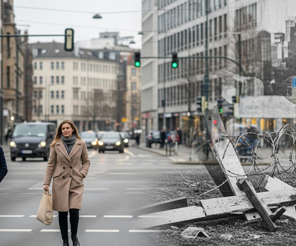 Kompozycję dwóch nałożonych na siebie scen, tworzących kontrast między codziennym życiem miejskim a scenerią zniszczenia. Po lewej stronie widać ulicę w mieście, po której przechodzą dwie osoby: mężczyzna w ciemnym płaszczu i kobieta w jasnym płaszczu, oboje niosą torby. W tle znajdują się budynki, sygnalizacja świetlna z zielonym światłem oraz samochody z włączonymi światłami.

Prawa strona obrazu to monochromatyczne ujęcie zniszczonego krajobrazu, przypominające gruzy, z elementami drutu kolczastego zwiniętego w kręgi i rozrzuconych, połamanych drewnianych belek. W tle tej sceny widać niewyraźne zarysy miejskich budynków. Obie sceny przenikają się, zlewając kolory i faktury.